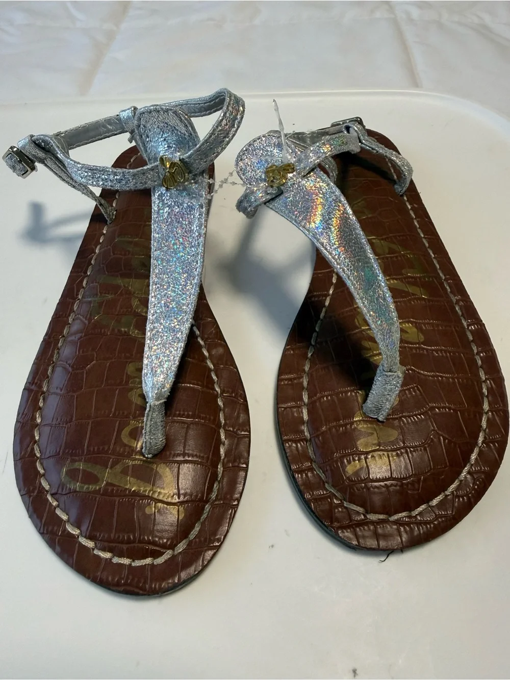 Sam Edelman Silver Glitter T-Strap Sandals